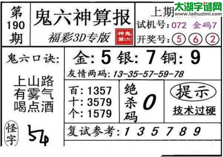 3d190期：鬼六神算图库福彩3d胆码图