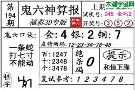 3d194期：鬼六神算图库福彩3d胆码图