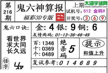 3d216期：鬼六神算图库福彩3d胆码图