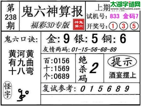 3d238期：鬼六神算图库福彩3d胆码图