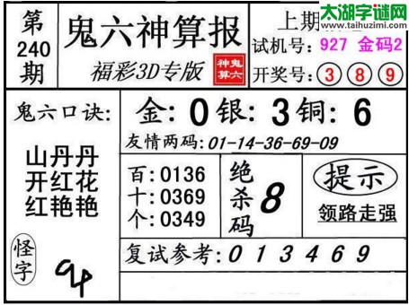 3d240期：鬼六神算图库福彩3d胆码图