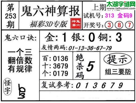 3d253期：鬼六神算图库福彩3d胆码图