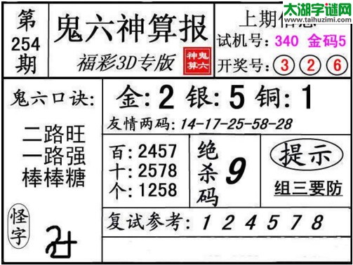 3d254期：鬼六神算图库福彩3d胆码图