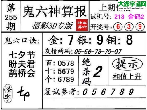 3d255期：鬼六神算图库福彩3d胆码图