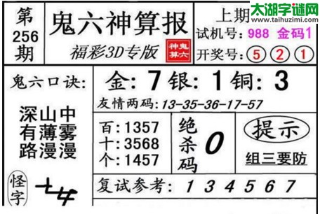 3d256期：鬼六神算图库福彩3d胆码图