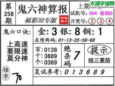 3d258期：鬼六神算图库福彩3d胆码图