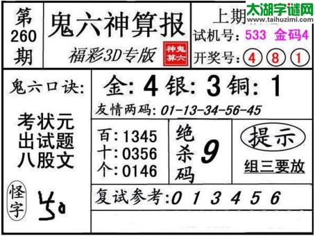 3d260期：鬼六神算图库福彩3d胆码图