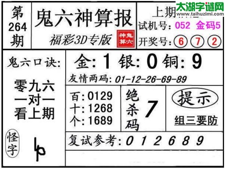 3d264期：鬼六神算图库福彩3d胆码图