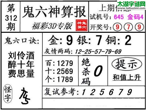 3d312期：鬼六神算图库福彩3d胆码图