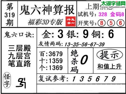 3d319期：鬼六神算图库福彩3d胆码图