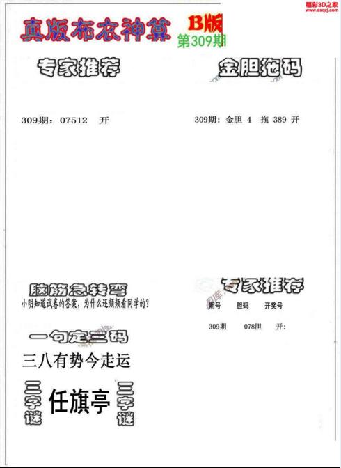 3d布衣神算AB版图谜2018309期