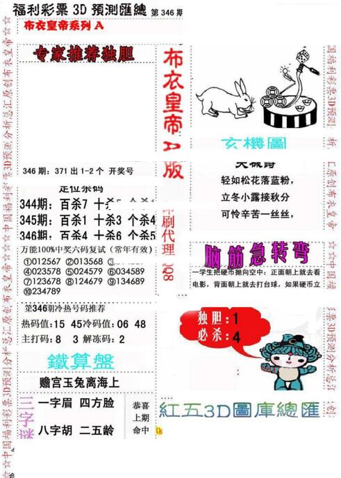 福彩3d第2018346期布衣皇帝图谜A版