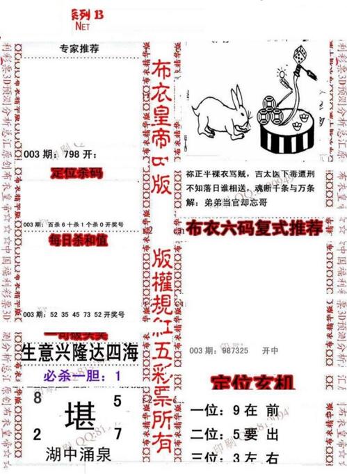 福彩3d第19003期布衣皇帝图谜B版